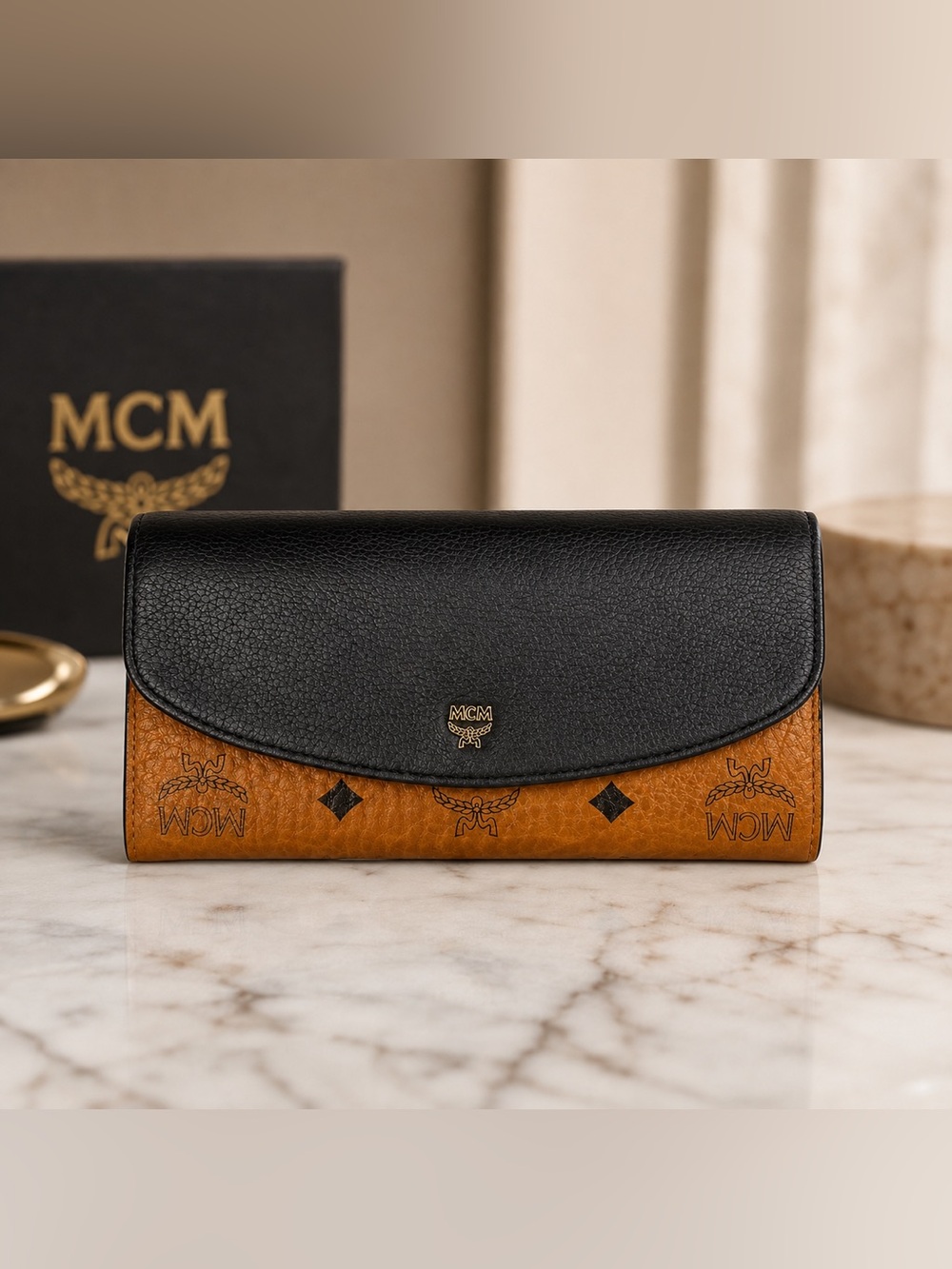 MCM Flap Wallet in Cognac and Black